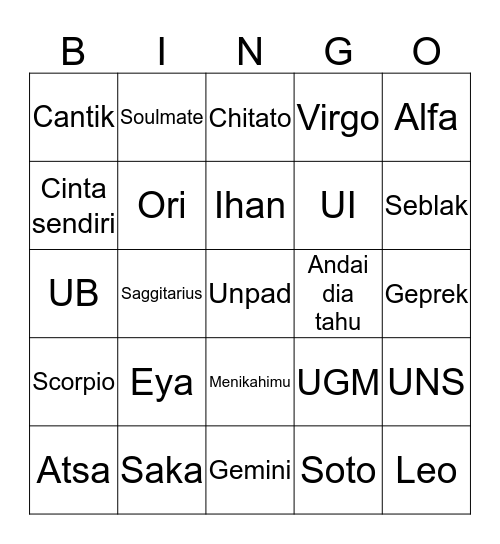 Xav’s. Bingo Card