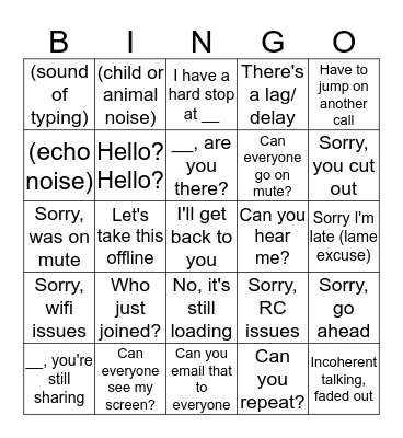 'Rona Conference Call Bingo Card