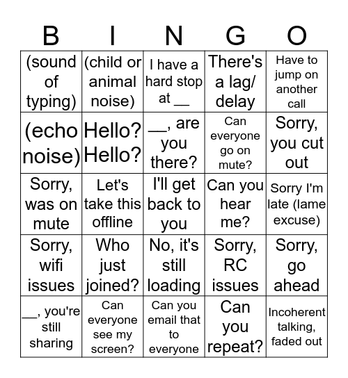 'Rona Conference Call Bingo Card