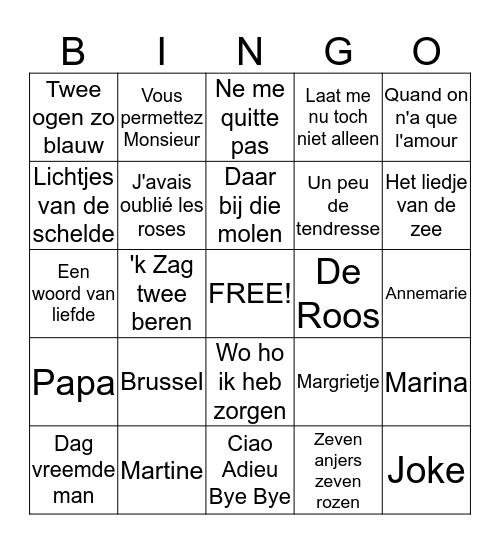 Belgische liedjes Bingo Card