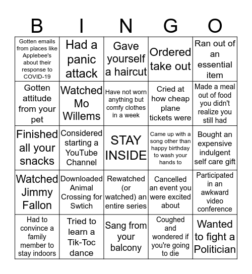 Social Distancing Bingo Card