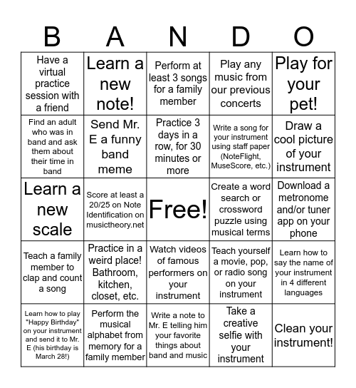 BANDO Bingo Card