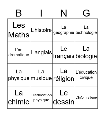 French Subjects Bingo Card