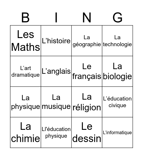 French Subjects Bingo Card