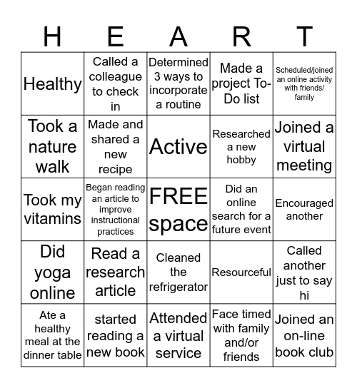 covid 19 bingo using HEART Bingo Card