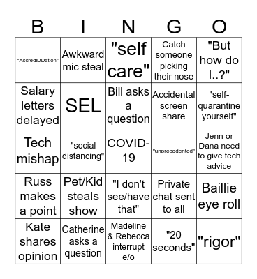 Faculty Meeting Bingo Card