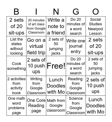 School Day Bingo Card