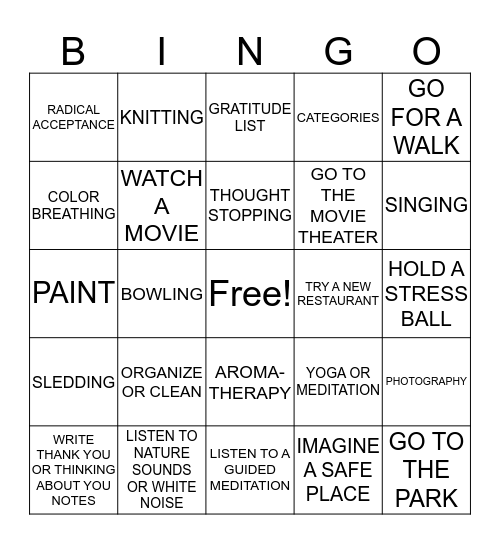 Coping Skills Bingo Card