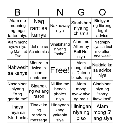 Jessel’s Bingo Card