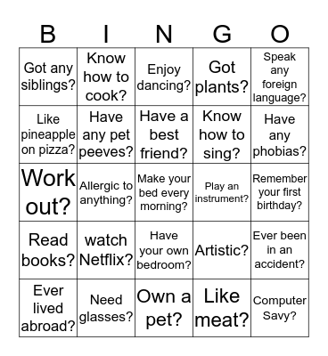 Do you...? Have you...? Are you...? Bingo Card