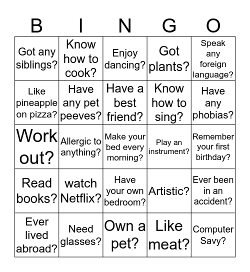 Do you...? Have you...? Are you...? Bingo Card