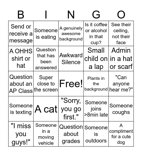 OHHS Zoom Bingo  Bingo Card