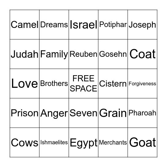 Joseph and The Coat Bingo Card