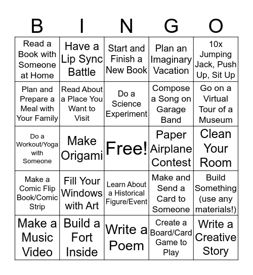 Room 146 Spring Break Stay at Home Challenge Bingo Card