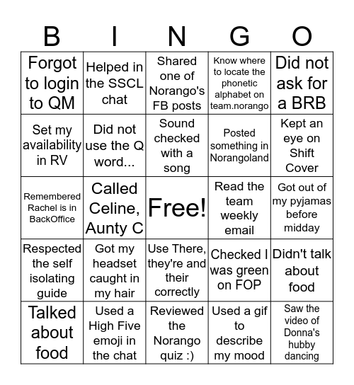 Norango Bingo  Bingo Card