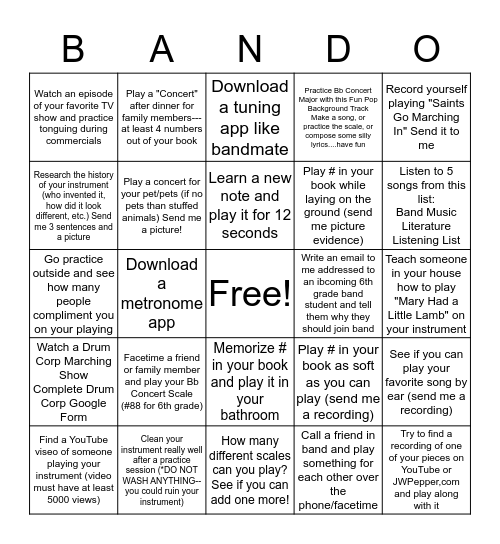 BANDO-Try to Complete All Boxes Bingo Card