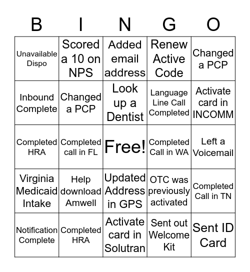 Welcome Calls Bingo Card