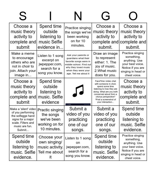 7th Grade Choir SINGO  Bingo Card