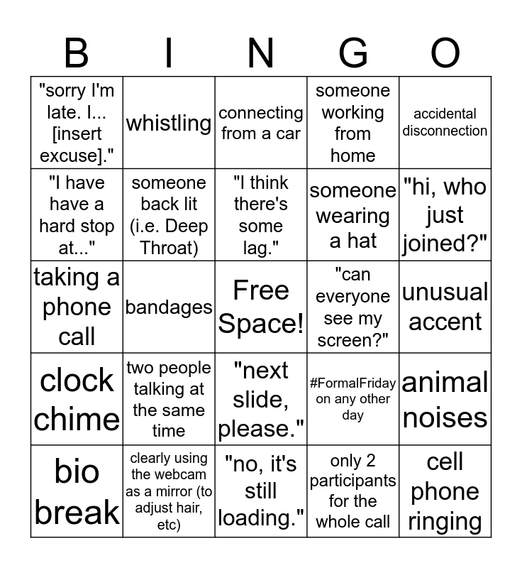 Video Call Bingo Card