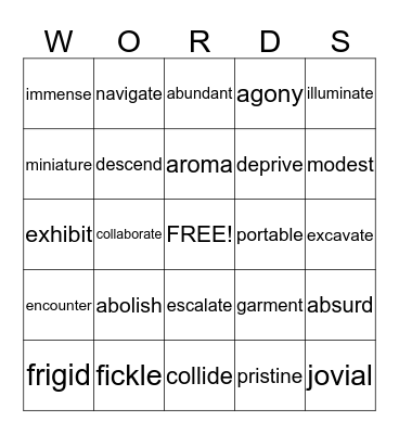 Sizzle Vocabulary (Synonyms) Bingo Card