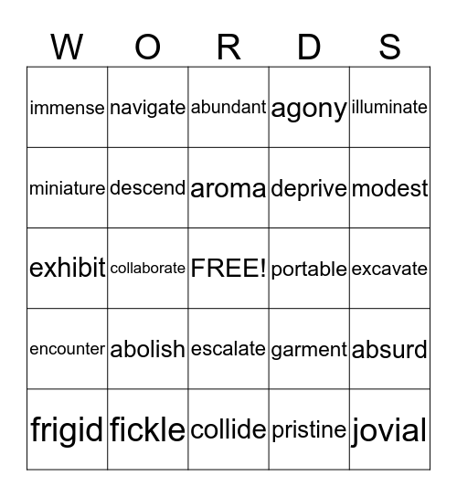 Sizzle Vocabulary (Synonyms) Bingo Card