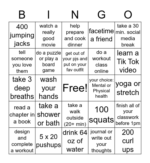 Quarantine Bingo Card