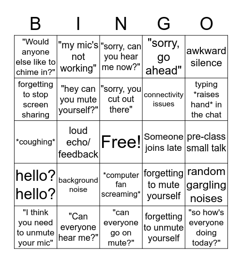 Remote Classes Bingo Card