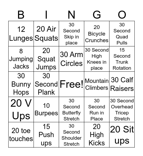 Fitness Bingo Card