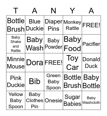 Tanya and Ben's Baby Shower Bingo Card