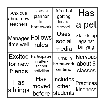 6th Grade BINGO Card
