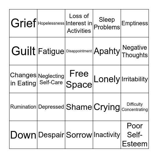 SADNESS Bingo Card