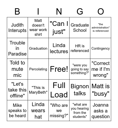 Graduate Programs Zoom Bingo Card