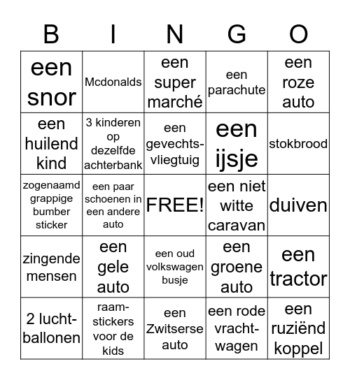 De geweldige Roadtrip Bingo Card