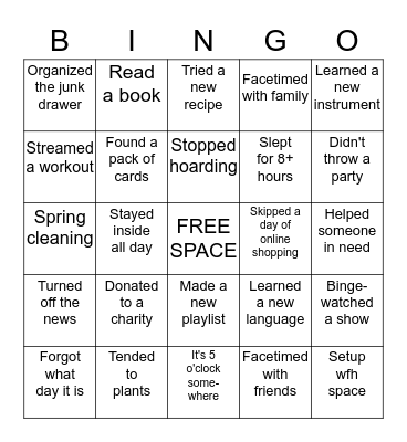 SELF-ISOLATION BINGO Card