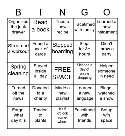 SELF-ISOLATION BINGO Card