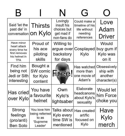 Kylo Bingo Card