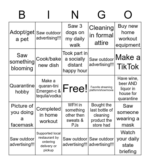 Quarantine Bingo Card
