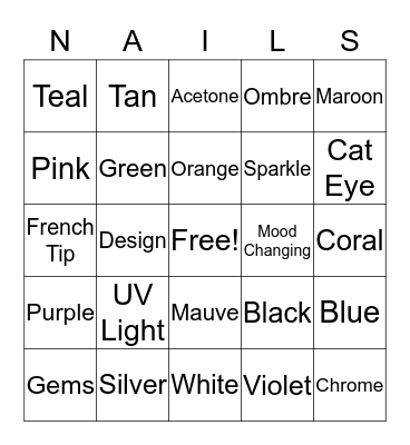 Gel Manicure Bingo Card