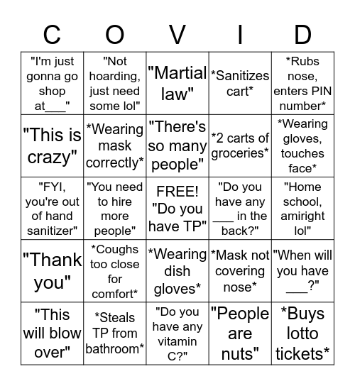 Corona Retail Bingo Card