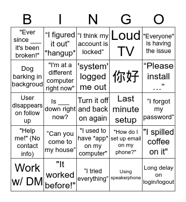 Service Desk Bingo Card