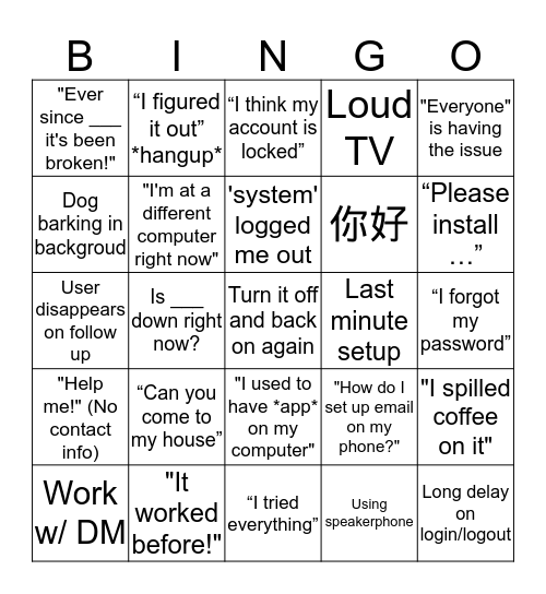 Service Desk Bingo Card