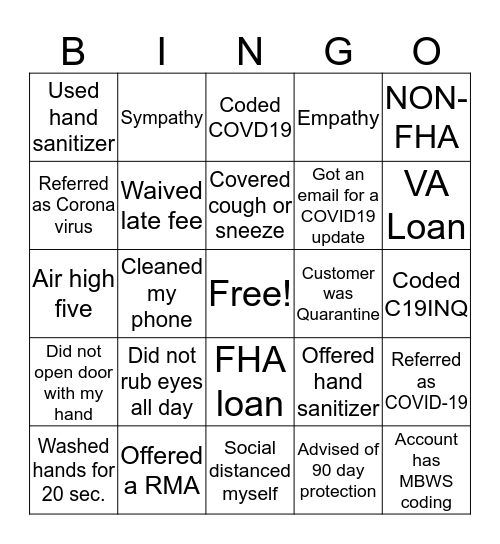 Covid-19 Bingo Card