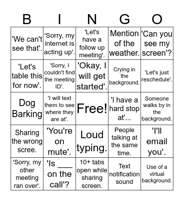 Video Conference Bingo Card