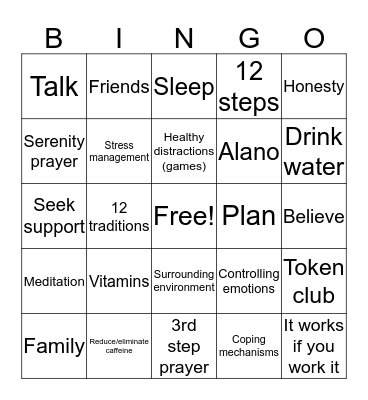 Recovery Bingo Card