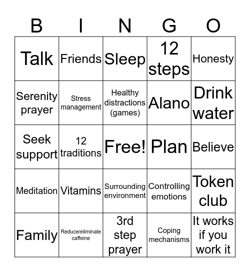 Recovery Bingo Card