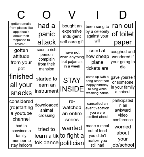 Stanford Quarantine Bingo Card