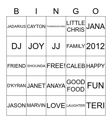 FAMILY THANKSGIVING 2012 Bingo Card