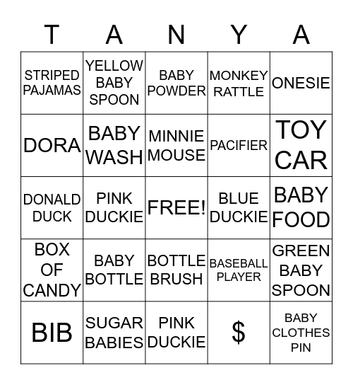 Tanya and Ben's Baby Shower Bingo Card