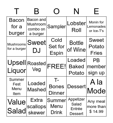 TBONE Bingo Card