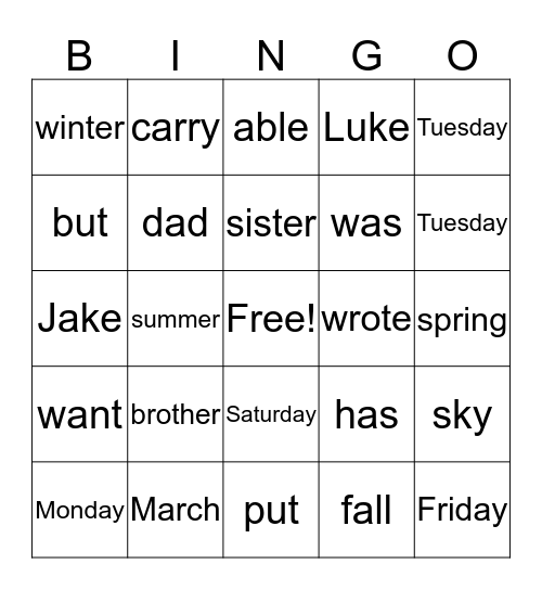 Jake and Luke's Words of the Week Bingo Card